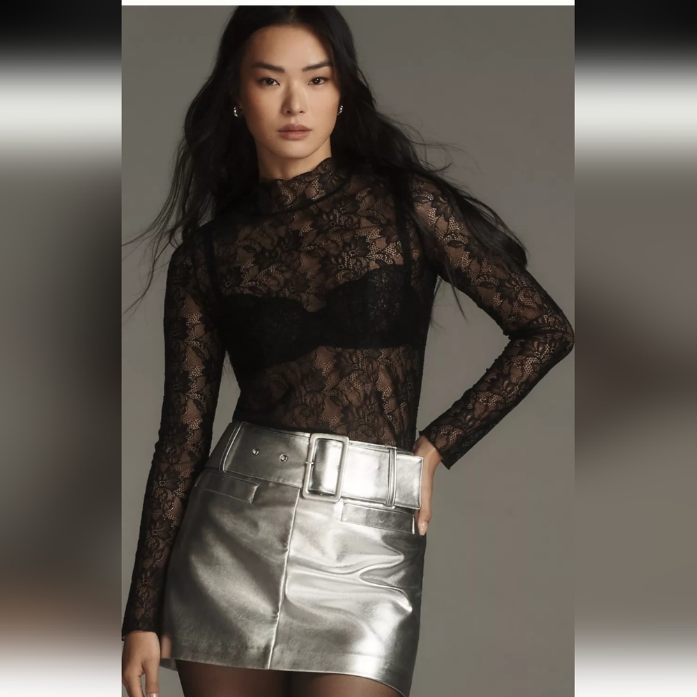 Anthropologie Sheer Black Lace Layering Turtleneck Long-Sleeve Blouse